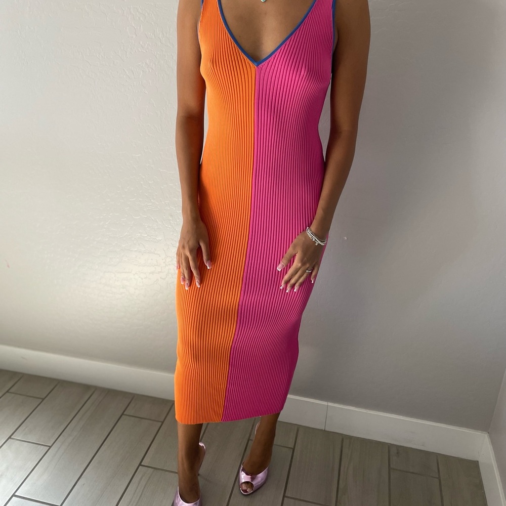 STAUD Asymmetrical Orange and Pink Bodycon Midi Dress